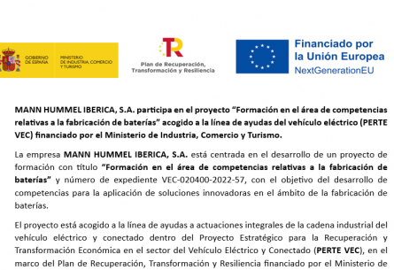 MANN HUMMEL IBERICA, S.A. participa en el proyecto “Formación en el área de competencias relativas a la fabricación de baterías” acogido a la línea de ayudas del vehículo eléctrico (PERTE VEC) financiado por el Ministerio de Industria, Comercio y Turismo.